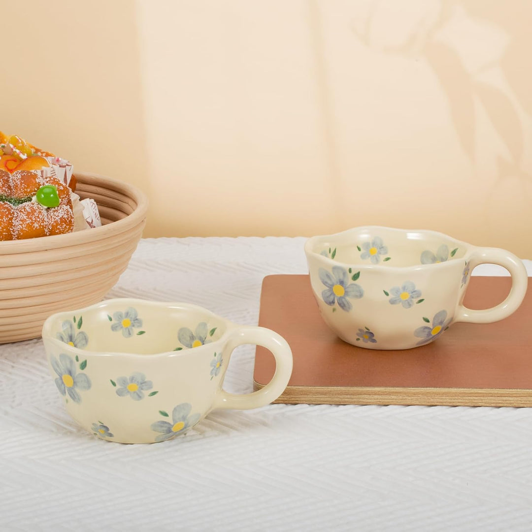 Koythin 2 Stück Kaffeebecher Porzellan, Kreative und Niedliche Blume Kaffeetasse für Büro und Zuhaus