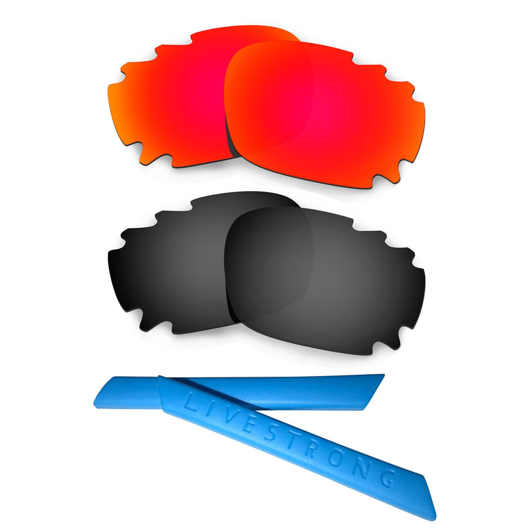 HKUCO Red/Black Polarized Replacement Lenses plus Blue Earsocks Rubber Kit For Oakley Racing Jacket
