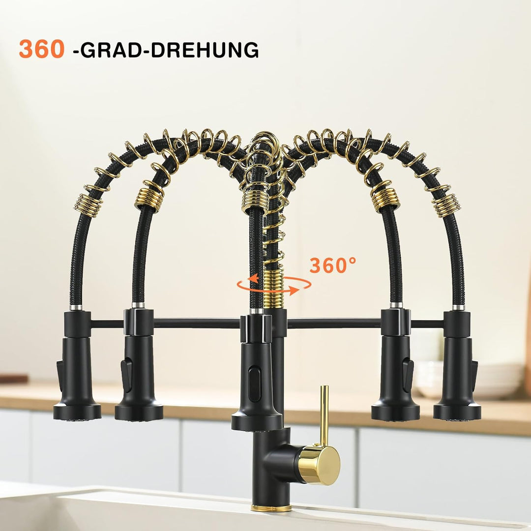 AIMADI Wasserhahn Küche Schwarz Glod küchenarmatur mit Herunterziehen Brause Armatur Küche mischbatt
