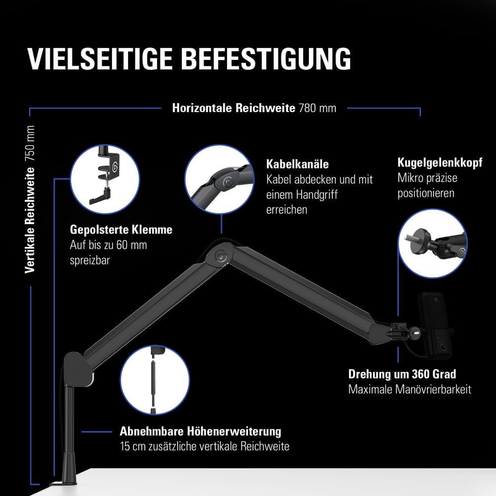 Elgato Wave Mic Arm - Streaming Boom mit Kabelkanälen für einen sauberen Arbeitsplatz, Tischklemme,