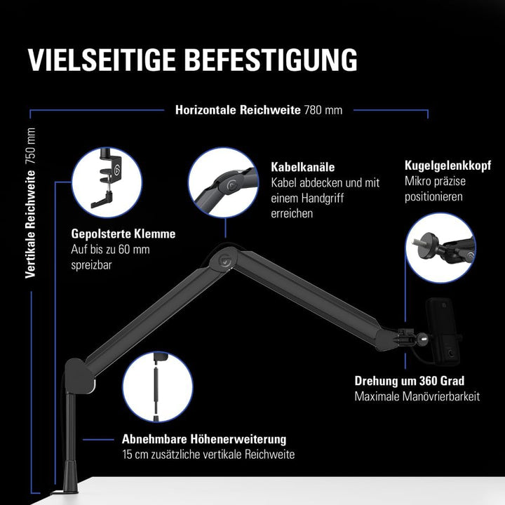 Elgato Wave Mic Arm - Streaming Boom mit Kabelkanälen für einen sauberen Arbeitsplatz, Tischklemme,