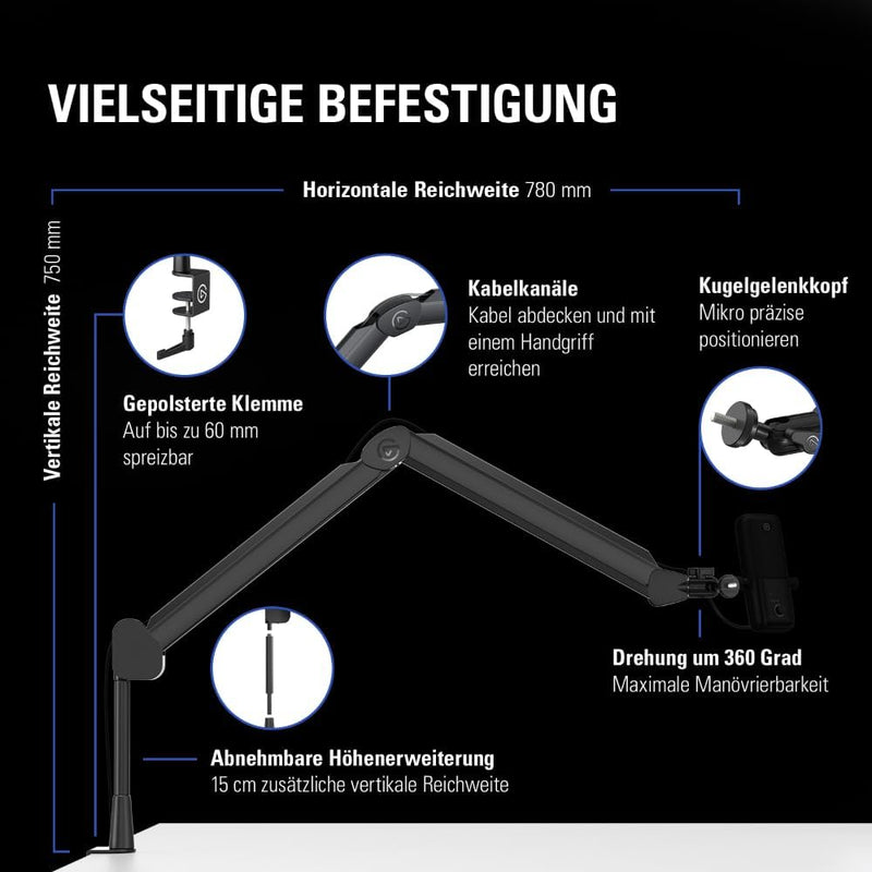 Elgato Wave Mic Arm - Streaming Boom mit Kabelkanälen für einen sauberen Arbeitsplatz, Tischklemme,
