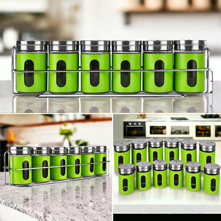 Gewürzgläser - 12er Set - inkl. 2 x Gewürzregal - Salzstreuer Pfefferstreuer aus Glas &amp; Edelstahl -