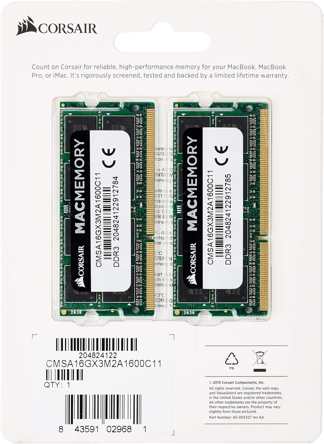Corsair Mac Memory SODIMM 16GB (2x8GB) DDR3L 1600MHz CL11 Speicher für Mac-Systeme, Apple-Qualifizie