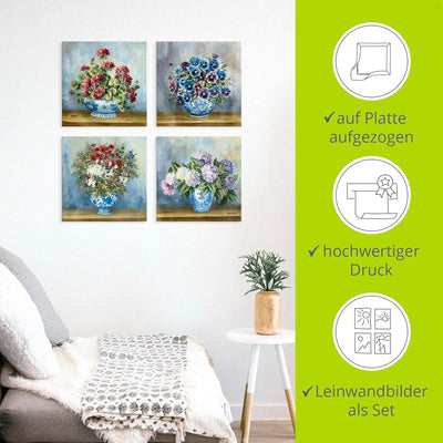 ARTLAND Leinwandbilder auf Holz Wandbild Bild Set 4 teilig je 40x40 cm Quadratisch Natur Blumen Male