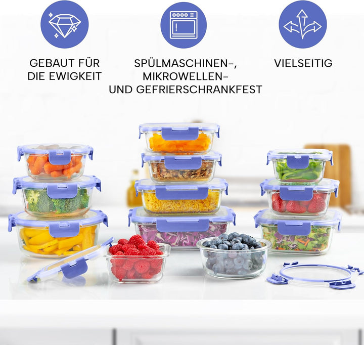 Zulay 12er-Set Glas-Frischhaltedosen für Meal Prep, Tupperdosen Set aus Glas mit luftdichten Deckeln