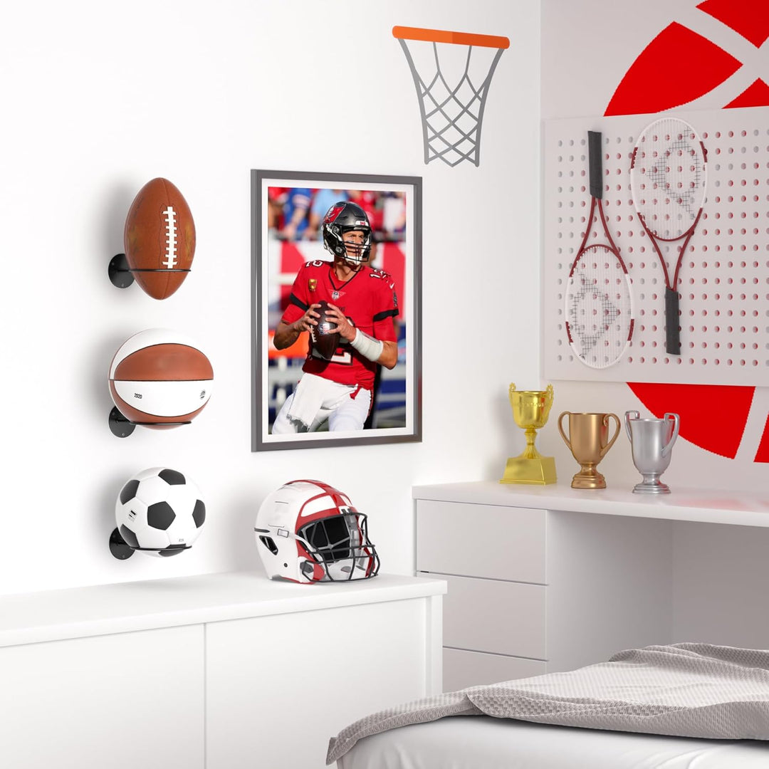 4er-Set Ball Display Halter Wandhalterung: Schwarzer Aufbewahrungsständer für Basketball, Rugby, Fus