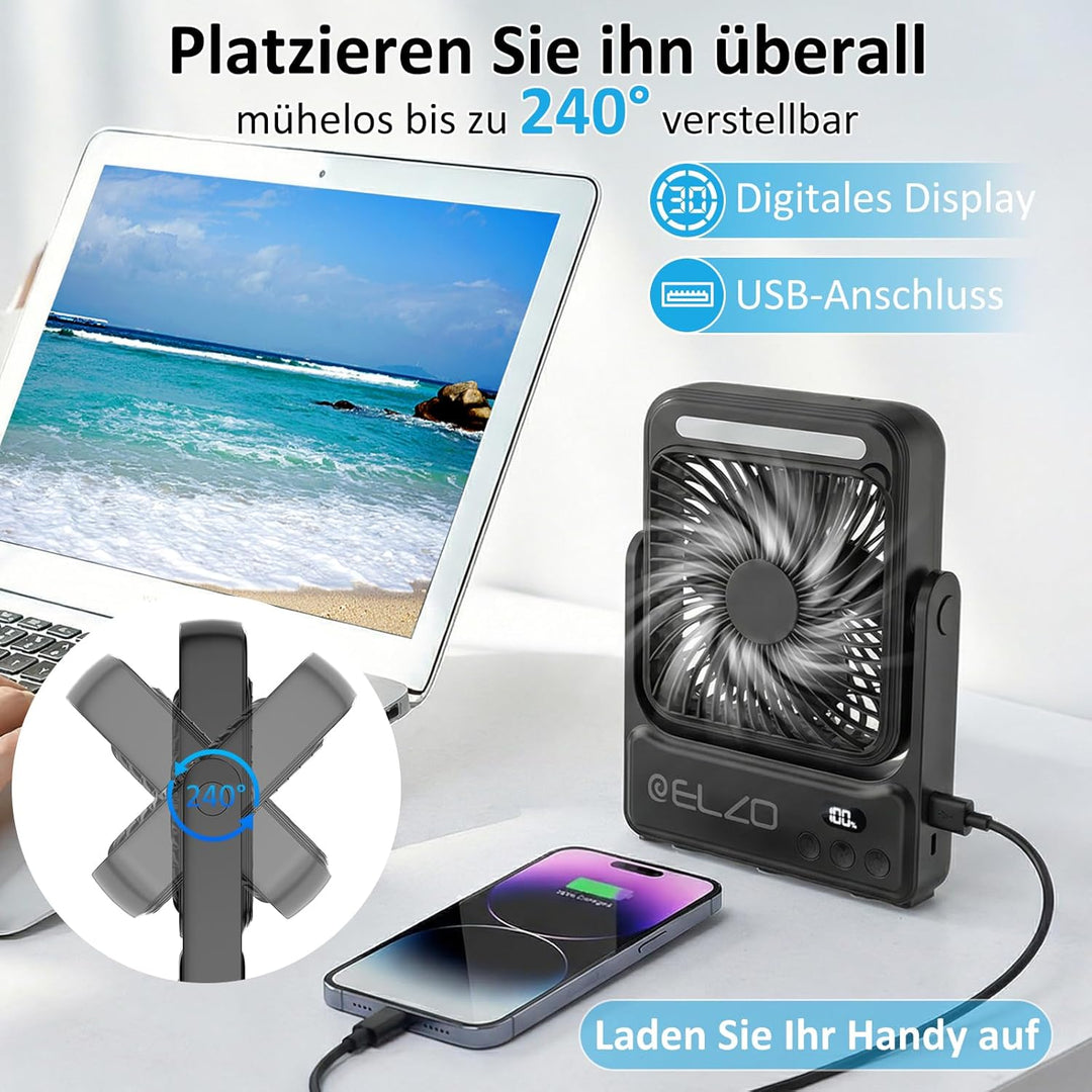 ELZO Magnetischer Reiseventilator 10000mAh für Kreuzfahrtkabinen, wiederaufladbarer Campingventilato