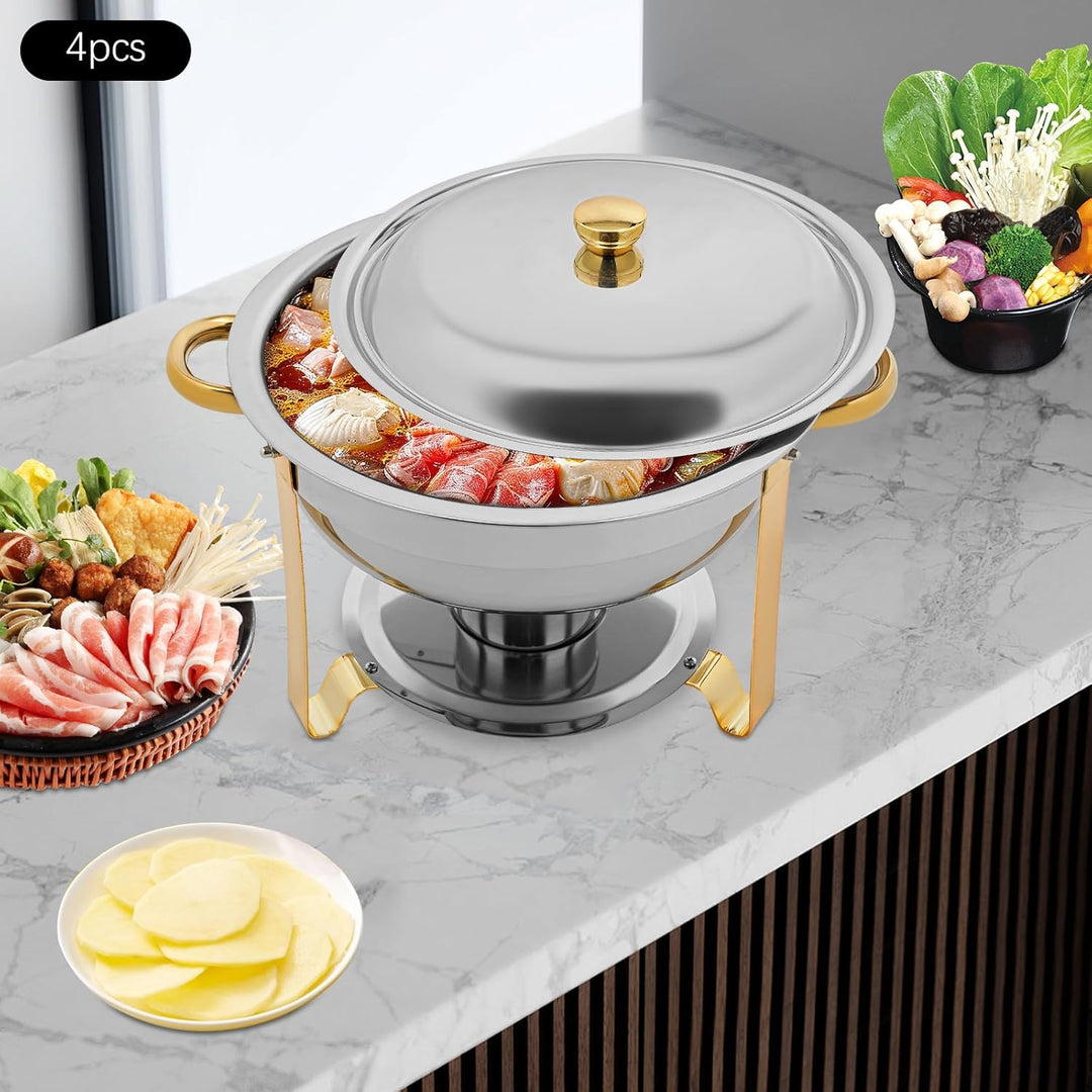 4er Set Rund Chafing Dish Set, Professional Speisenwärmer mit Deckel, 4,5L Edelstahl Buffet Wärmebeh