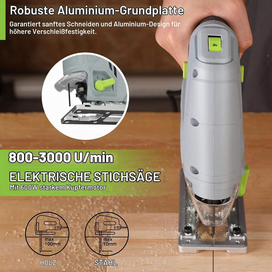 WORKPRO Stichsäge 600W, 3000 SPM mit 6 Geschwindigkeiten &amp; 4 Orbitalpositionen, Schnellem Klingenwec