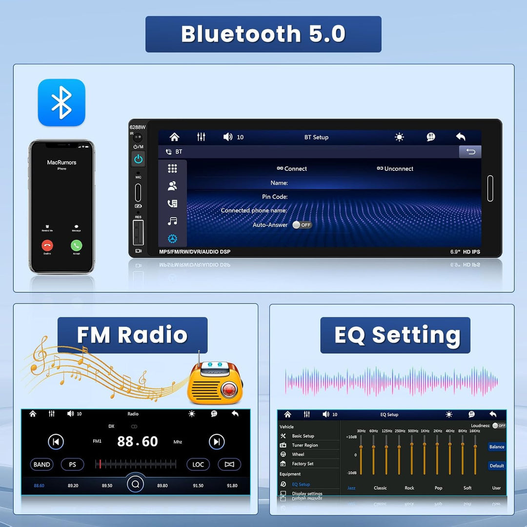 Hikity 1 Din Autoradio Bluetooth Wireless CarPlay und Android Auto, 1 DIN Car Radio mit mit 7 Zoll B