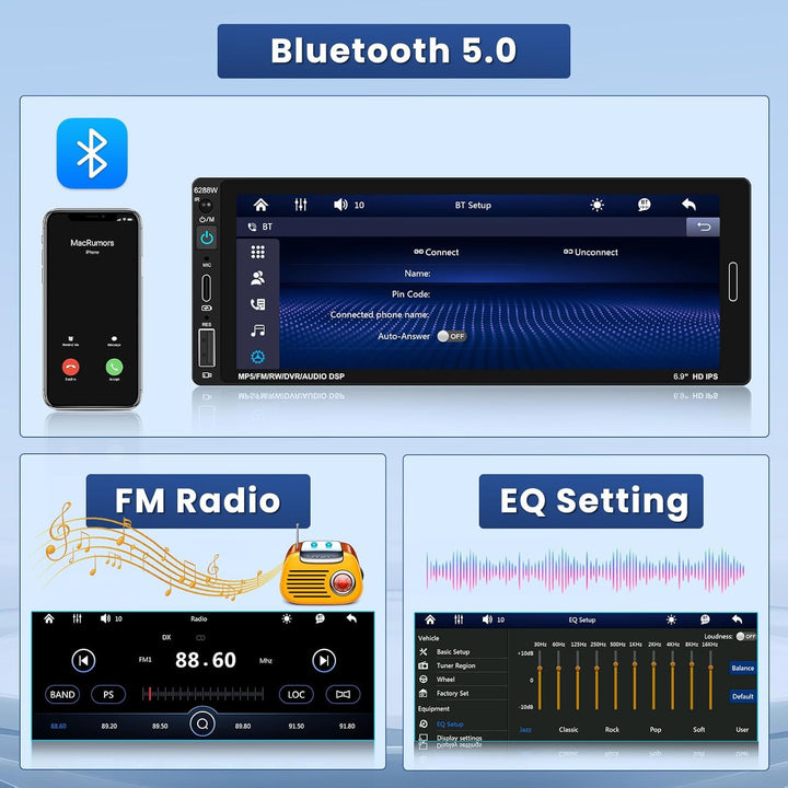 Hikity 1 Din Autoradio Bluetooth Wireless CarPlay und Android Auto, 1 DIN Car Radio mit mit 7 Zoll B