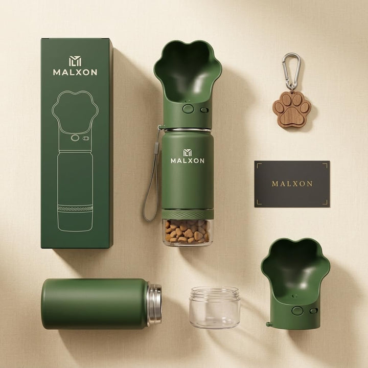 3-in-1 Trinkflasche Hunde für unterwegs – Wasserflasche mit Futterbehälter & Trinknapf – 300ml – Aus