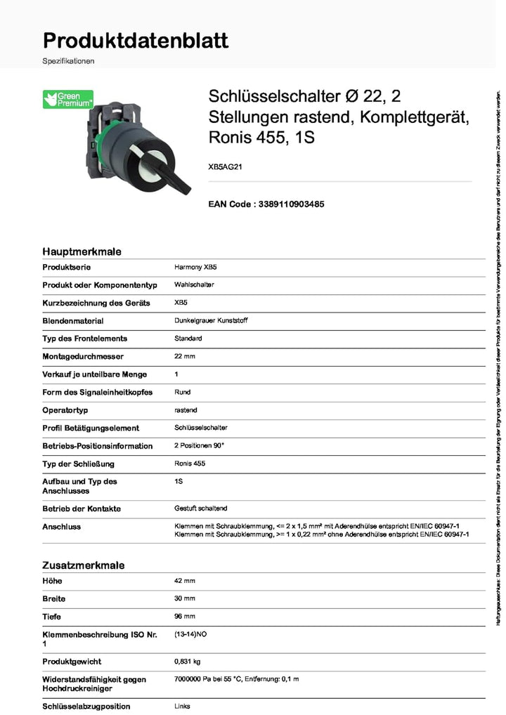 Schneider Electric | XB5AG21 - Schlüsselschalter Ø 22mm, 2 Stellungen rastend, Komplettgerät, Ronis