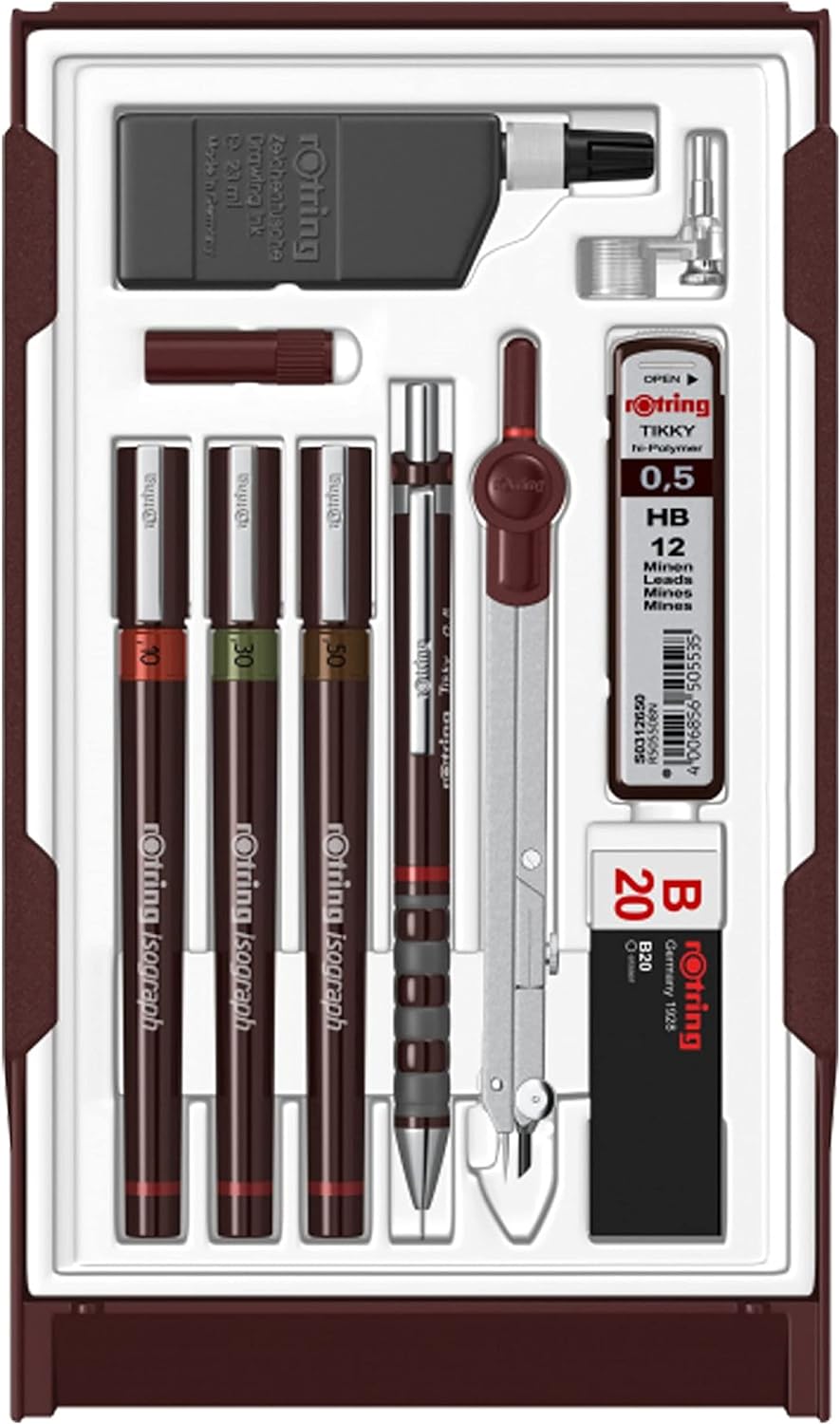rOtring Isograph Fineliner Master Set | mit Zirkel | 0,1 mm/ 0,3 mm/ 0,5 mm | 3 Stück 0,10 mm, 0,30