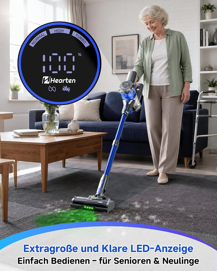 Akku Staubsauger mit Display, Staubsauger Kabellos mit Anti-Tangle-Bürste | Selbststehend, Ultraleis