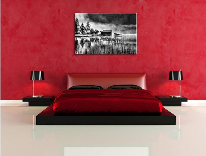 Pixxprint Idyllische Waldhäuschen / 100x70cm Leinwandbild bespannt auf Holzrahmen/Wandbild Kunstdruc