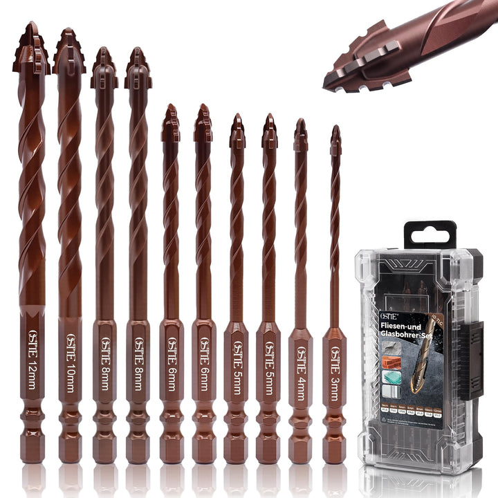 Fliesenbohrer Set 10 tlg, Steinbohrer Set mit Kobalt, Glasbohrer set 3-12mm, 6,35 mm Sechskantschaft
