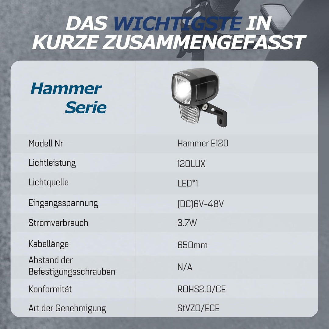 E-Bike Frontlicht 120 Lux Hammer E120 – LED Fahrradlampe, StVZO & ECE zugelassen, Aluminium/ABS, was