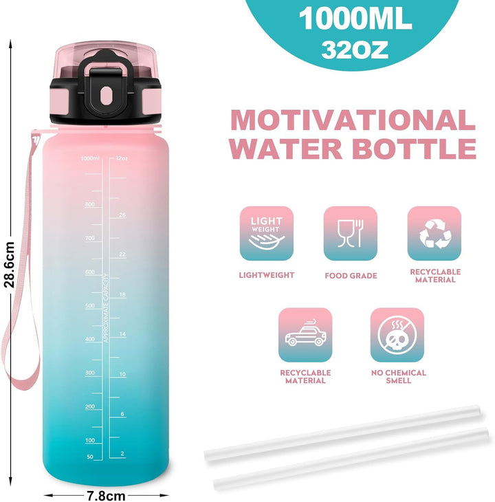 Trinkflasche 1L, BPA-frei, Wasserflasche mit Strohhalm & Zeitmarkierung, Sportflasche für Gym, Campi