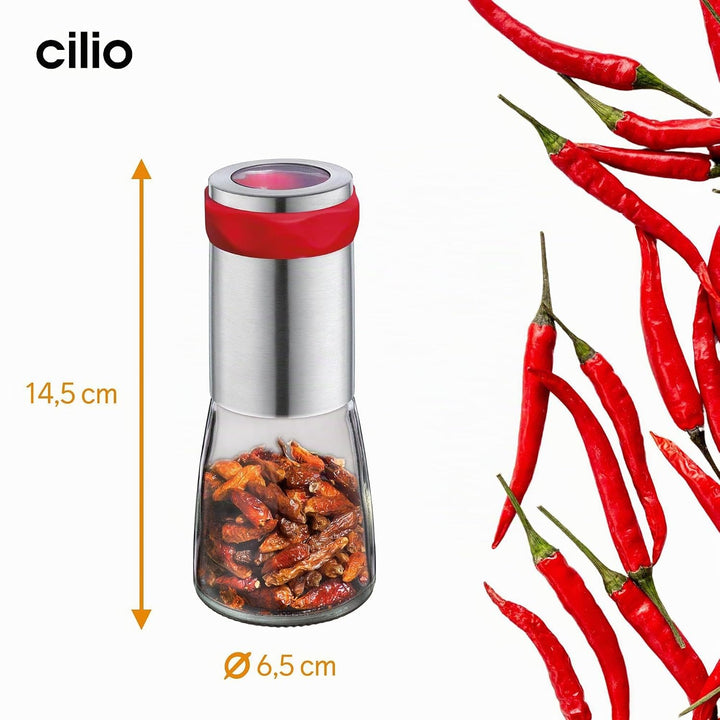 Cilio Chili Mühle PICCANTE | zum Selbstbefüllen | Ø 6,5cm, H: 14,5cm | mit Verschlusskappe | inkl. b