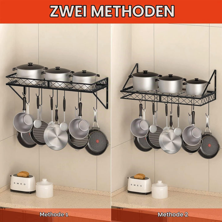 Bomclap Küchenregal Pfannenhalter, Eisen Küchenregal Hängend Topf-Rack mit 10 Haken, Küchenwand Rega