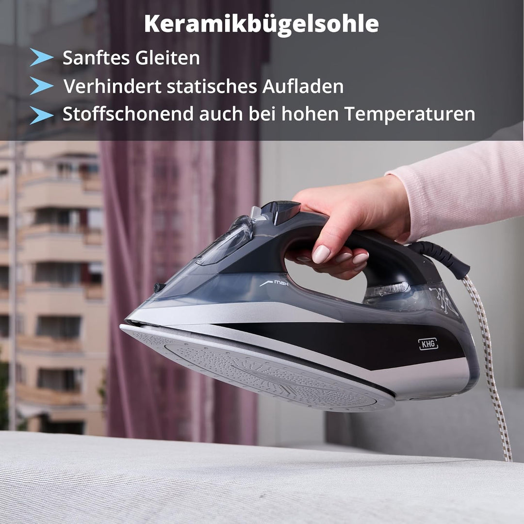 KHG Bügeleisen Dampfbügeleisen DB-2600G, Keramik-Bügelsohle Vertikaldampf - Anti-Kalk & Anti-Tropf-F