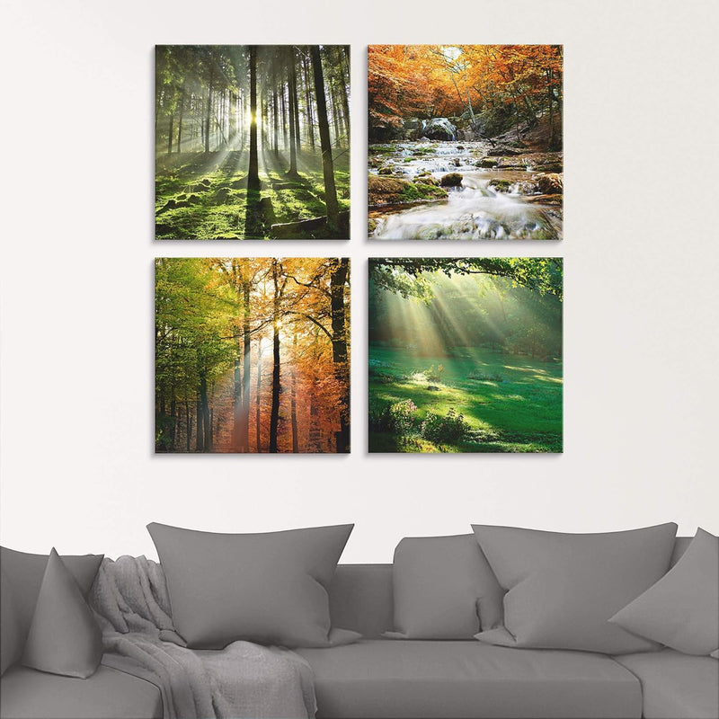 ARTland Glasbild Wandbild Glas Bild 4er Set 4 teilig je 30x30 cm Natur Landschaft Wald Baum Grün Gra