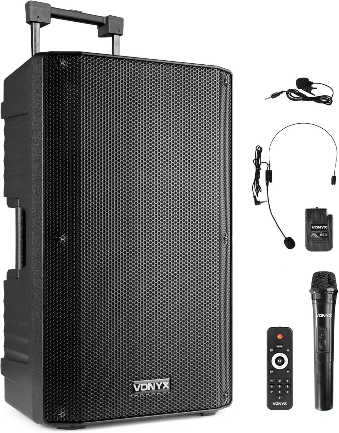 Vonyx VSA500-BP Partybox Bluetooth Lautsprecher Gross, 800 Watt, Akku 8 Std. Headset mit Ansteckmikr