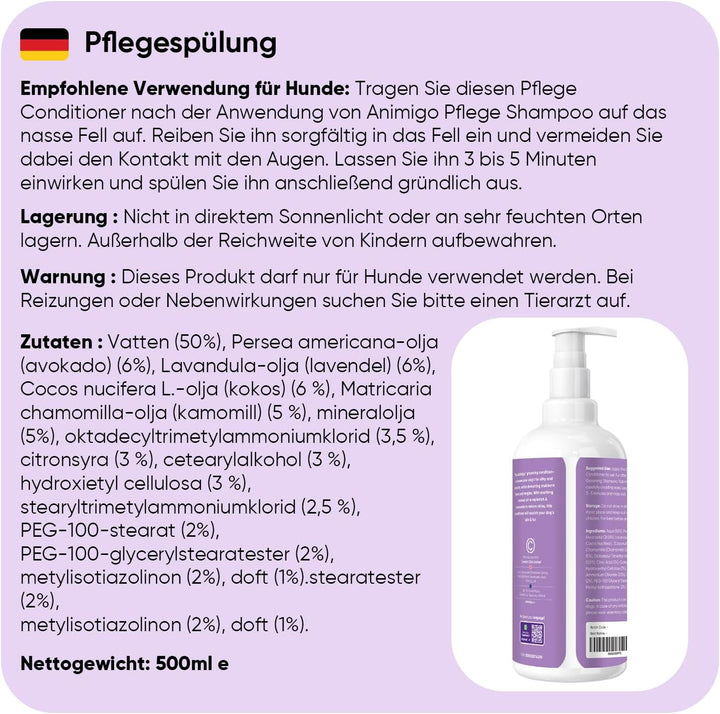animigo Conditioner für Hunde &amp; Katzen - 500ml Spülung - Mit Kokosöl &amp; Avocadoöl - Für Langhaar &amp; Ku