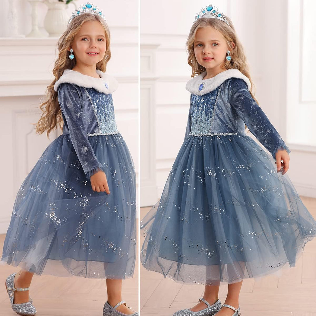 Snyemio Elsa Kostüm Mädchen Prinzessin Eiskönigin Kinder Kleid Eisprinzessin Verkleidung Langarm für