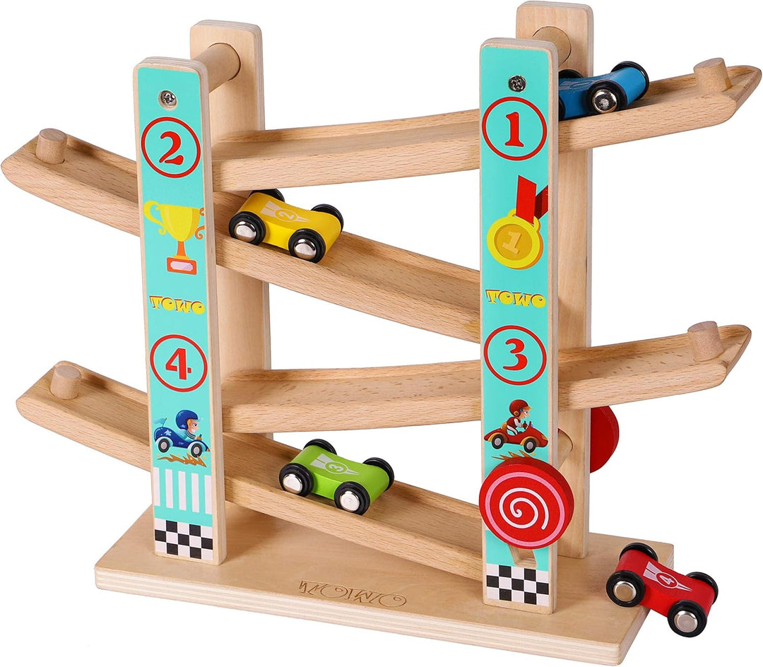 Towo Reines Holz Car Rampe - Zick-Zack-Auto-Rutschbahn mit 4 Holzautos Spielsets-Click Clack Track H