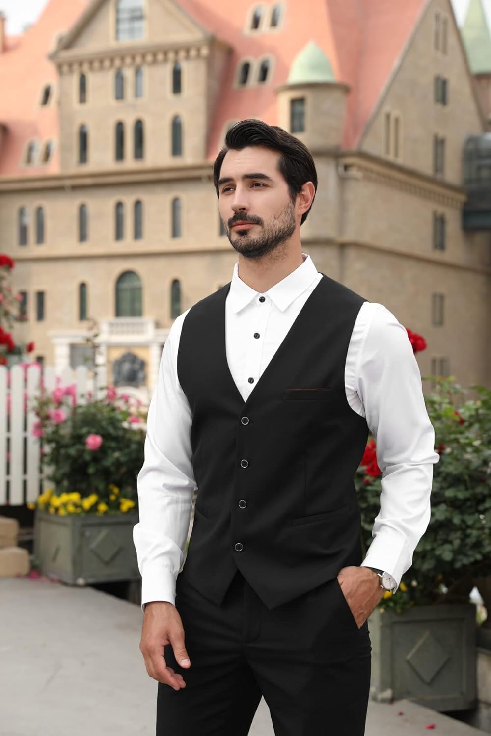 Allthemen Herren Weste Slim fit V Ausschnitt Anzugweste Ärmellose Westen für Business Hochzeit M #92
