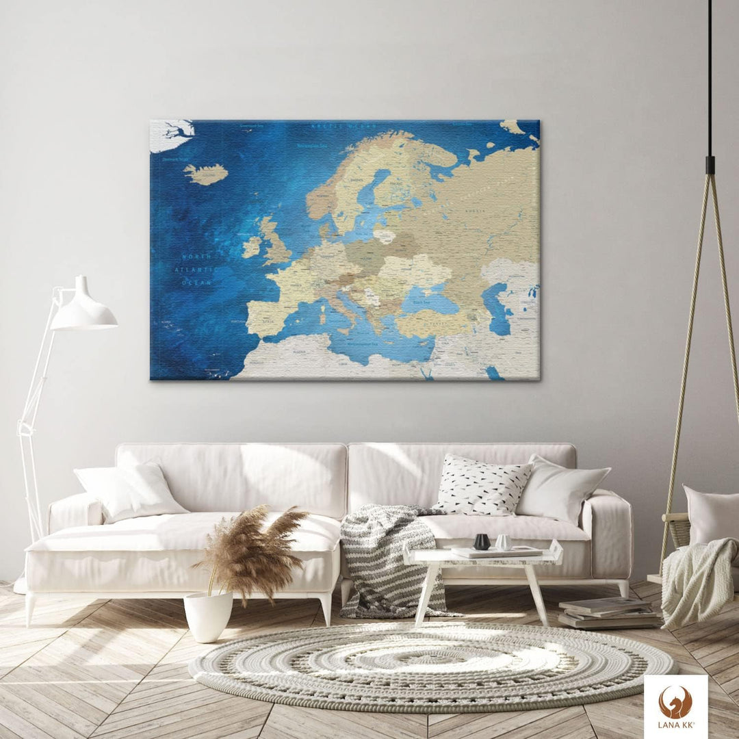 LANA KK - Europakarte Leinwandbild mit Korkrückwand zum pinnen der Reiseziele – englisch - Europa Me