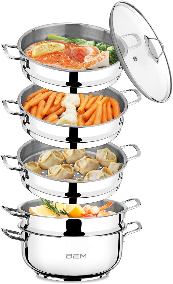 BEM Dampfkocher: 6-tlg Set aus Edelstahl, Ø 28 cm, Russische Mantowarka mit Dampfeinsatz und Glasdec