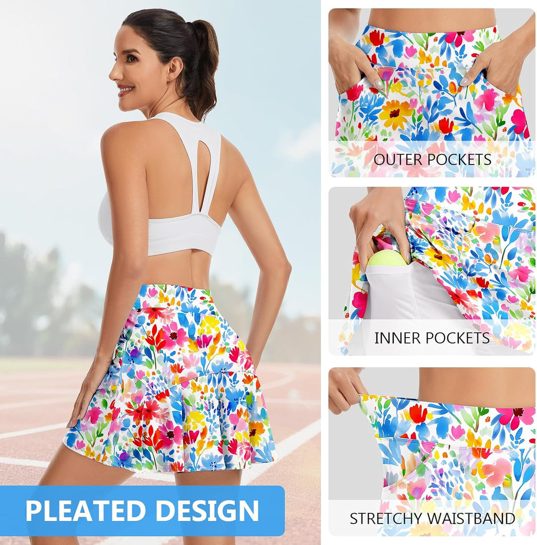 Soneven Hosenrock Damen Knielang Tennis Rock mit Hose Drunter Mädchen Pleated Wanderrock Sommer Spo