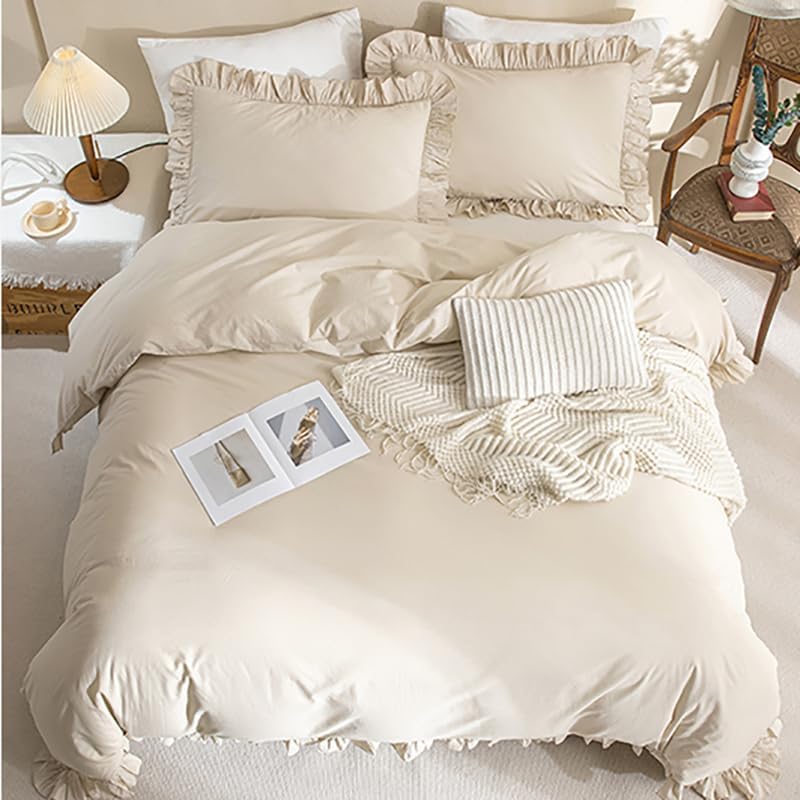 AShanlan Bettwäsche Rüschen 135x200 Beige Uni Einfarbig Romantisch Rüschenbettwäsche Set 2 Teilig Mi