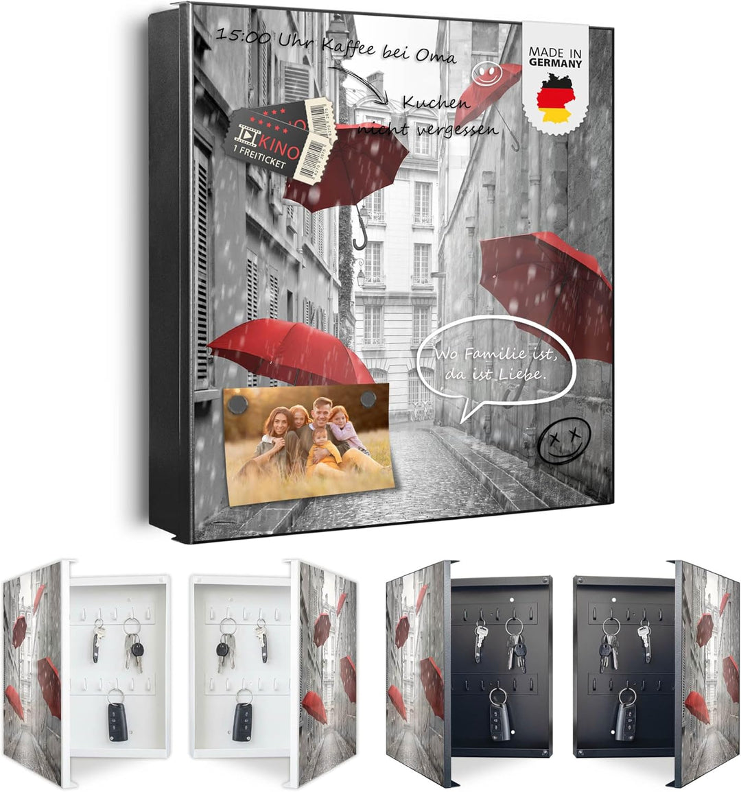 banjado® Grosser Schlüsselkasten Glas/Schlüsselbox 30cm x 30cm mit 50 Haken - Motiv Rote Schirme/Sch