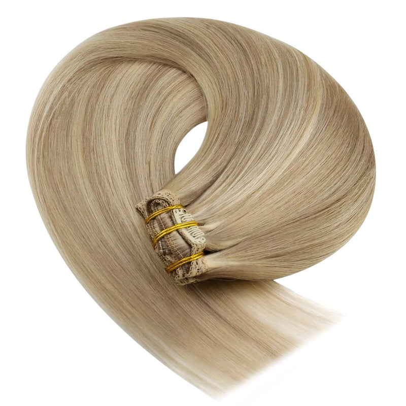 YoungSee Echthaar Extensions Clip Blond 50 cm Goldblond Strahnchen Mittelblond Clip in Extensions Ec