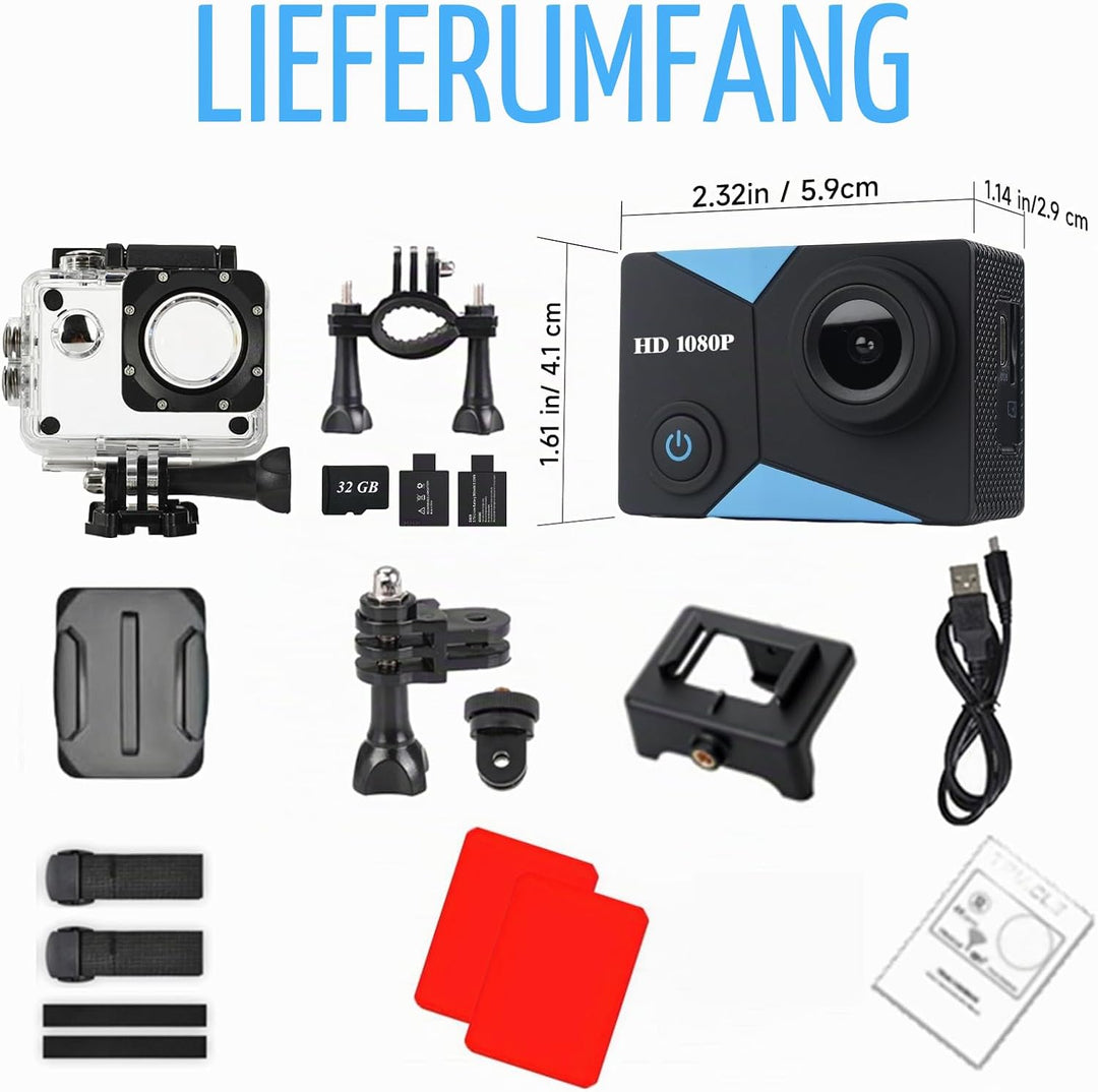 WiFi Action Cam FHD 1080P mit 32GB Speicherkarte, Actionkamera wasserdicht bis 30M, Action Camera mi