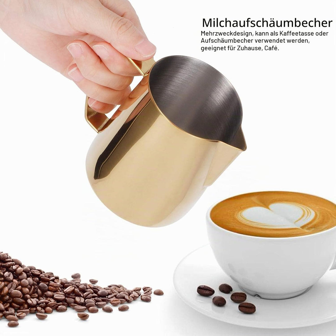 Milchschaum Krug, Gold Edelstahl Milchkännchen Aufschäumkännchen mit Spitzer Ausguss Kaffee Dampfkru