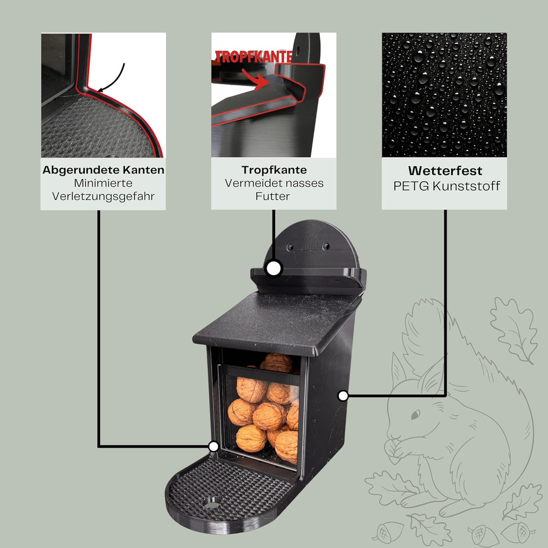 Futterstation für Eichhörnchen – Grau, Wetterfest &amp; Robust mit Kunststoffscheibe, Belüftetem Vorrats