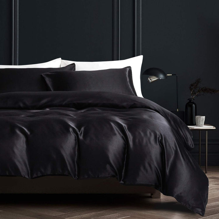 Boqingzhu Satin Bettwäsche Schwarz Uni 200x220cm Glänzend Seide Glanzsatin Bettbezug mit Reissversch