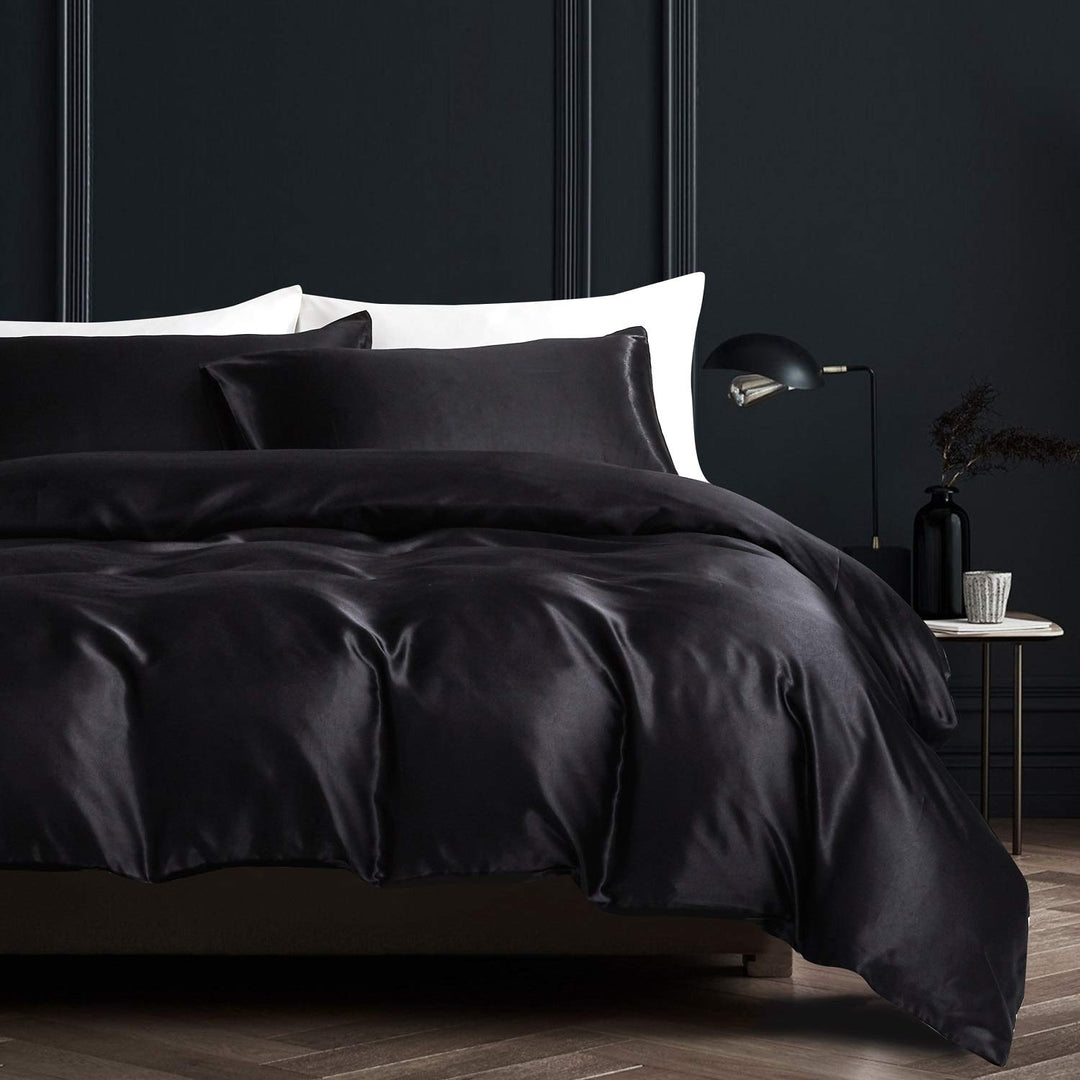 Boqingzhu Satin Bettwäsche 220x240cm King Size Schwarz Uni Glänzend Seide Bettbezug mit Reissverschl