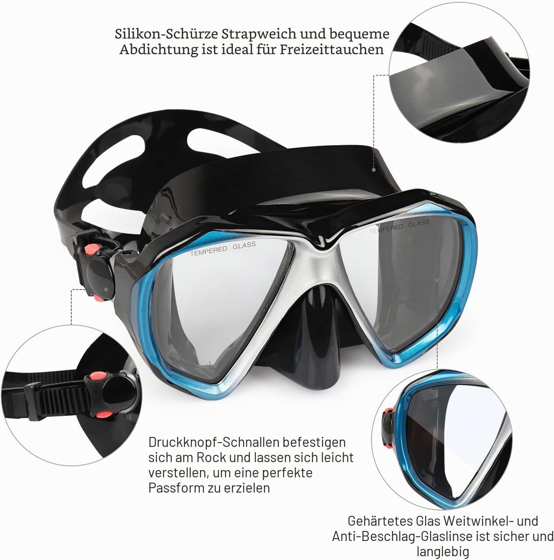 Taucherbrille für Erwachsene mit Anti-Nebel Schnorchelmaske, Schwimmmaske gehärtetem Glas und Nasena