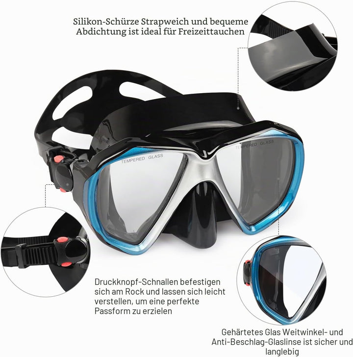 Taucherbrille für Erwachsene mit Anti-Nebel Schnorchelmaske, Schwimmmaske gehärtetem Glas und Nasena