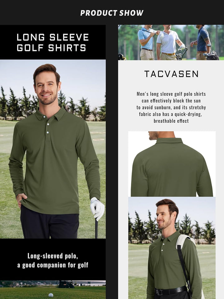 TACVASEN Herren Poloshirt Langarm Golf Polo Schnelltrocknend Funktionsshirts Leicht T-Shirts mit 3-K