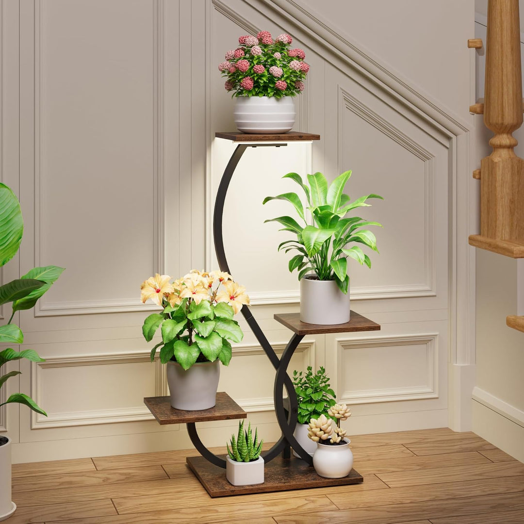 Pflanzenständer mit Wachstumslicht - 4 Ebenen Blumenständer 81cm Metall Holz Pflanzenregal - Innen &