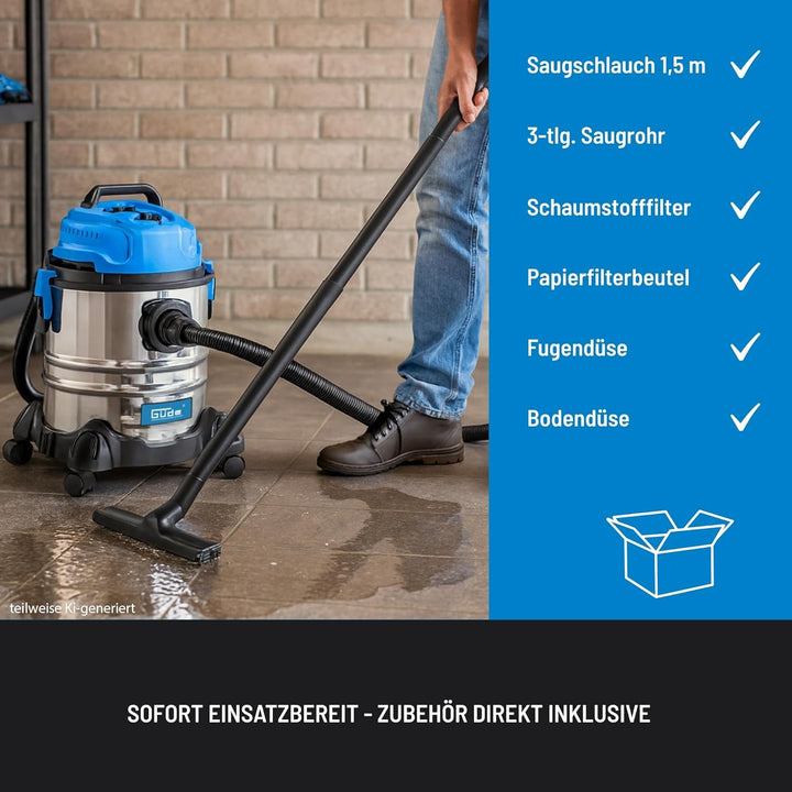 Güde 20 L 17001, NASS-TROCKENSAUGER GNTS 20L, Blau, Silber, schwarz, 1200 W, 85 Dezibel 1200W / 20L,