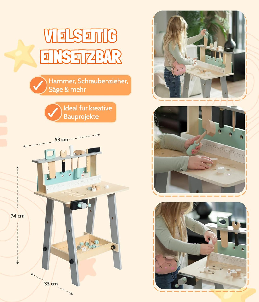 Bayer Chic 2000 278 30 Kinder-Werkbank aus Holz mit Werkzeug und Zubehör, Werkzeugbank, bunt